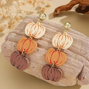 ‼️$7‼️ Pumpkin Design Long Dangle Earrings Retro Jewelry Halloween Thanksgiving